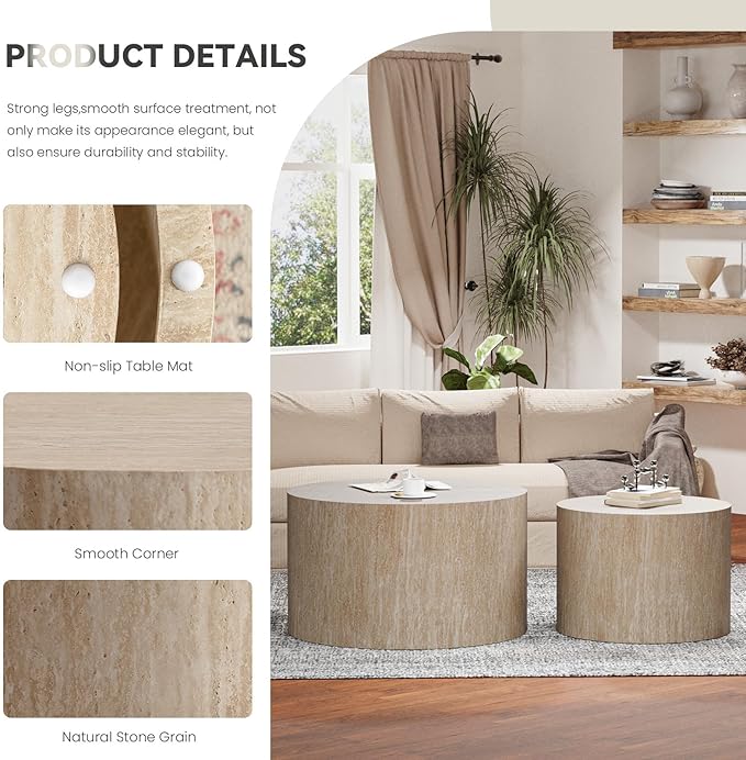 Modern Round Nesting Coffee Table Set of 2, Vertical Stripe Design Drum Coffee Table Cocktail Table, Round Side Table for Living Room, Bedroom, Office, Balcony (B19.68+26.77")