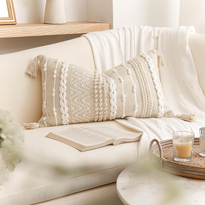 BlissBlush Decorative Lumbar Pillow Cover 14x24, Cream White Boho Accent Throw Pillow Case for Couch Sofa Bed, Modern Farmhouse Textured Lumbar Cushion Bedroom Living Room, Cover ONLY