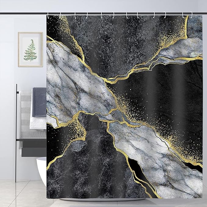 Domoku Black Gold Marble Shower Curtain, Modern Abstract Shower Curtain for Bathroom Decor, Waterproof Washable Fabric, 72 X 84