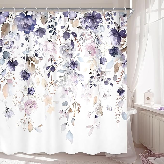 Purple Floral Flower Shower Curtain 72Wx72L Inch Girls Girly Boho Watercolor Wildflower Eucalyptus Leaf Spring Botanical Plant Bathroom Set Rustic Bath Curtain Bathtub Accessories Home Decor