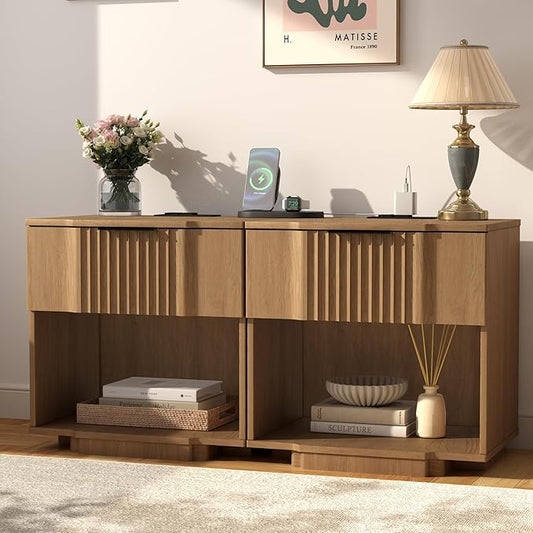Yechen Fluted Nightstands Set of 2 with 20W Fast Charging Station - Large Wood Night Stands with Drawer & Shelf, Modern Wide Bedside End Tables for Bedroom with Curved Profile Base, Natural Oak