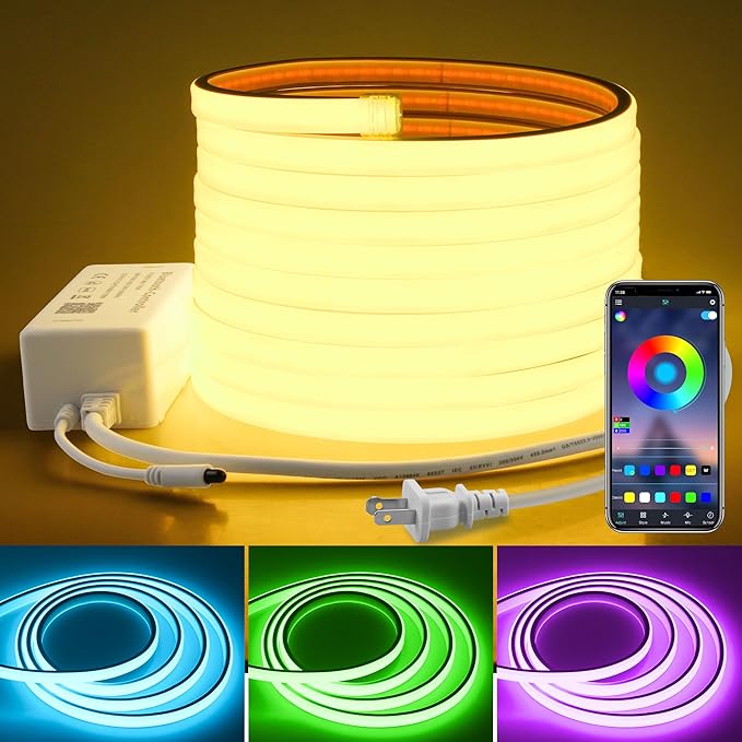 RGB COB LED Strip Light AC 110V 32.8FT Bluetooth Smart APP Remote Control Color Changing Dimmable Flexible RGB Neon Rope Lights 576LEDs/M Outdoor IP67 Waterproof for Bedroom Party Courtyard