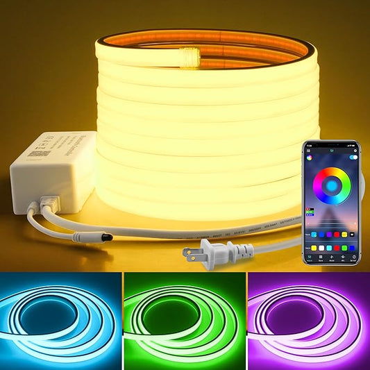 RGB COB LED Strip Light AC 110V 32.8FT Bluetooth Smart APP Remote Control Color Changing Dimmable Flexible RGB Neon Rope Lights 576LEDs/M Outdoor IP67 Waterproof for Bedroom Party Courtyard