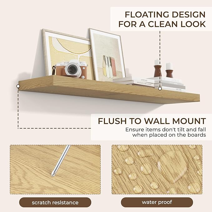 RICHFOCUS 48Inch Floating Shelves for Wall 2 Pack Shelves for Bedroom|Kitchen|Bathroom Wall Mounted Rustic Wood Floating Shelf with Invisible Brackets for Books|Storage|Decor, Oak