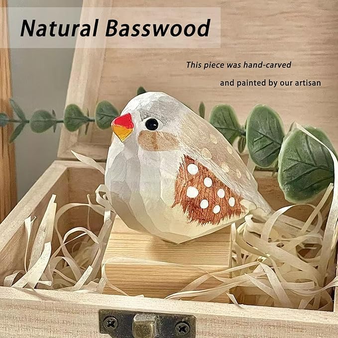 Handmade Wooden Carved Bird Decor Sculpted Hand-Painted Bird Figurines Small Home Decor Bird Statue Shelf Decor BFF Gifts for Bird Lovers (Brown Zebra Finch)