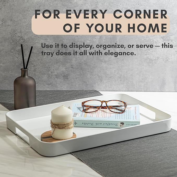 Bzyoo 11.5 x 16 Inch Large Rectangle Stackable Melamine Serving Tray with Handles – Minimalist Design, Multi-Purpose and Durable, BPA Free– Perfect for Kitchen, Dining, and Entertaining - White