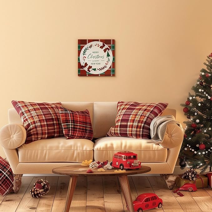 ArtbyHannah Christmas Canvas Wall Art Decor, 3D Textured & Holly Red Berry Wall Decor with Red & Green Plaid Prints for Home Kitchen Dining Party Bathroom Winter Holiday Decorations (12x12 inch)