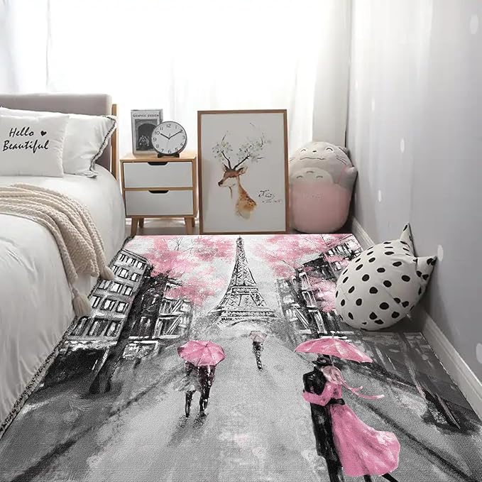 kxry 6 * 9 Feet Pink Paris Eiffel Tower Soft Area Rugs for Kids Girls Women French Style Couple Lover Flower Floor Carpet for Living Room Bedroom Dorms Nursery Rooms Home Decor Aesthetic
