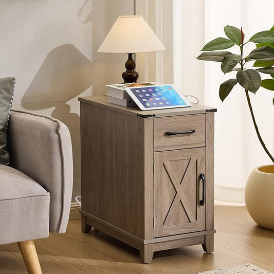 EROMMY Farmhouse End Table with Charging Station, Narrow Side Table for Living Room, Nightstand with Drawer and Storage Cabinet, Adjustable Shelf, Gray