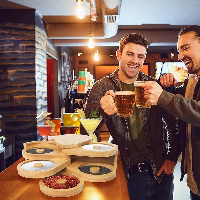 Bamboo 5-Tier Margarita Salt Rimmer Set with Swivel Lids & 5 Sponges – Cocktail Glass Rimmer for Home Bar, Bartender & Party Drinks, Eco-Friendly Design