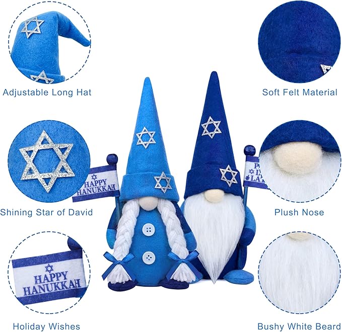 Hanukkah Gnome Decorations, 2 PCS Handmade Mr & Mrs Chanukah Swedish Tomte Gnomes Plush Table Ornaments Gift for Hanukkah Decorations Party Supplies