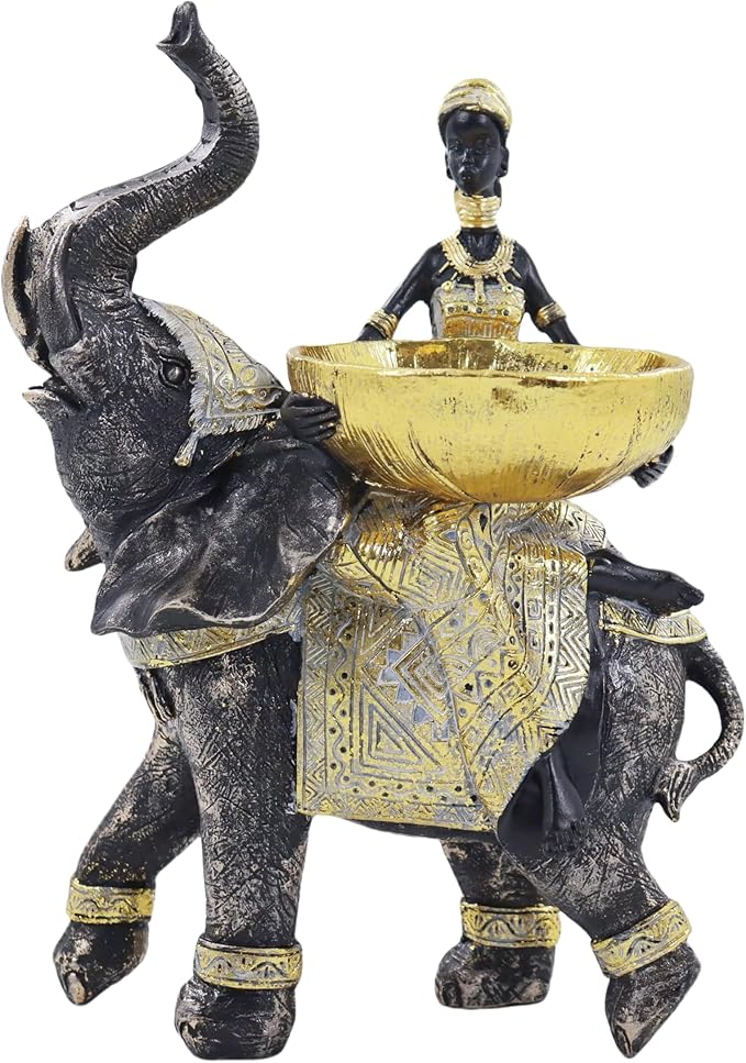 African Woman Riding an Elephant Statue - Gold Art Decor, African Cultural Home Decor, Suitable for Desktop and Shelf Displays, Best Choice for Various Holiday