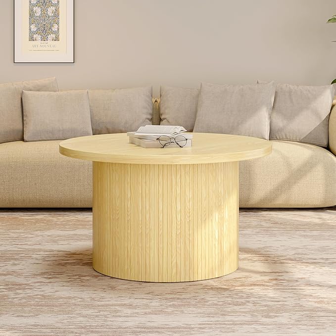 ONBRILL 31.5" Round Coffee Table, Tambour Design Coffee Tables for Living Room, Mid Century Modern Wood Coffee Table, Drum Accent Small Center Table, Oak