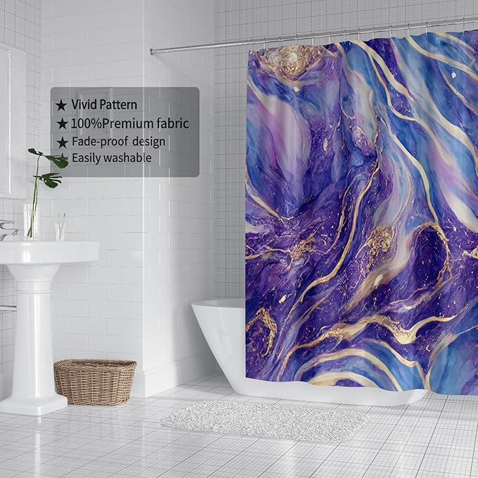 Domoku Purple Blue and Gold Marble Shower Curtain,Abstract Modern Bathroom Decor, Waterproof Washable Fabric Shower Curtain, 72 X 72