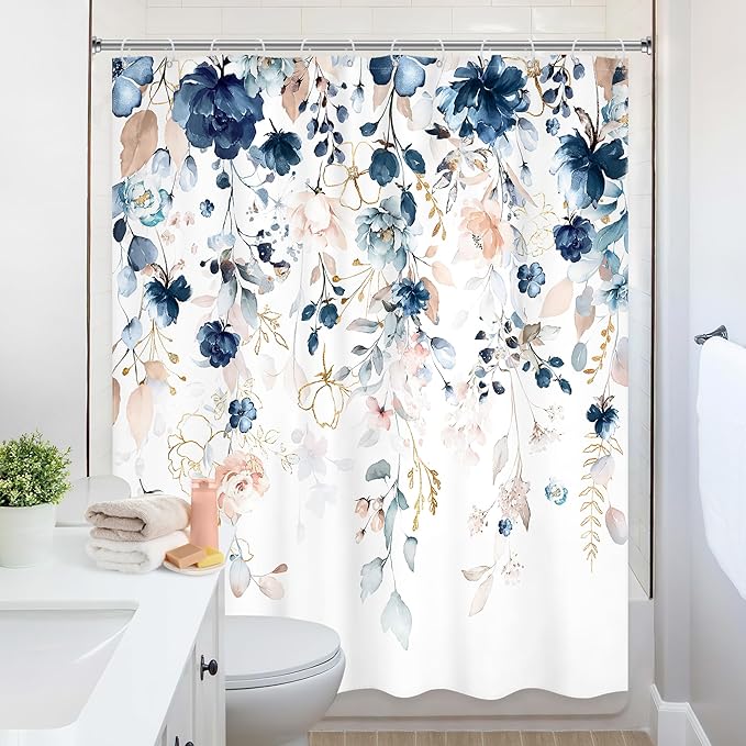 Blue Pink Floral Shower Curtain 72Wx96H Inch Extra Long Flower Watercolor Wildflower Spring Rustic Eucalyptus Leaf Bathroom Set Girl Plant Botanical Bath Curtain Bathtub Accessories Home Decor