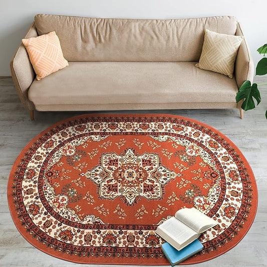 Antep Rugs Alfombras Oriental Traditional 5x7 Non-Skid (Non-Slip) Low Profile Pile Rubber Backing Indoor Area Rugs (Rust Brown, 5' x 7' Oval)
