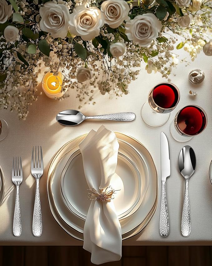 Hammered Silverware Set, EUIRIO 30-Piece Heavy Duty Cutlery Set for 6, Stainless Steel Flatware Set, Food-Grade Utensil Sets Includes Spoons Forks and Knives, Mirror Finish Dishwasher Safe