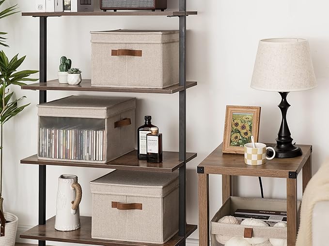 StorageWorks Storage Bins with Lid and Clear Window, Fabric Storage Boxes with Lids, Stackable Basket for Shelves, Closet Organizer and Storage Bins, Brown and Beige, Large, 4-Pack