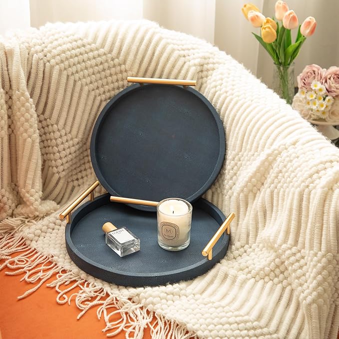Modern Decorative Serving Tray, Round Shagreen Tray with Gold Polished Metal Handles, Decorative Trays Coffee Table Ottoman Trays for Living Room Bathroom Home Decor, Set of 2 (Blue)