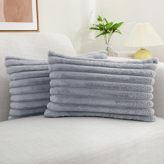 decorUhome Faux Fur Throw Pillow Covers 12x20 Set of 2, Decorative Soft Plush Striped Lumbar Neutral Couch Euro Pillow Covers with Velvet Back for Sofa, Bed, Living Room Home Decor, Grey