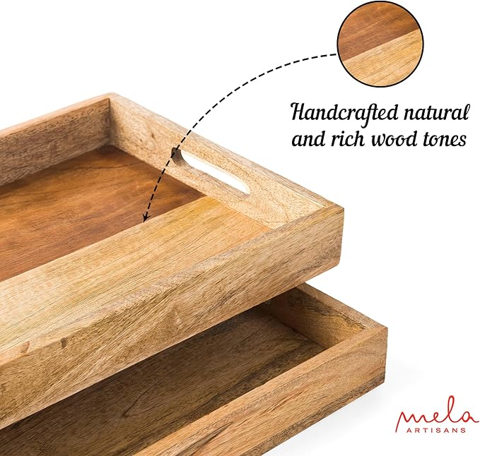 Mela Artisans Wooden Serving Tray Set of 2 with Handles | Mango Wood Ottoman Trays 15x10x1.75 & 13x9x1.75 | Decorative | Snack | Dessert | Bread | Coffee Table | Bedroom | Rectangular Edge Design