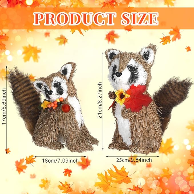 Namalu 2 Pack Raccoon Sisal Fall Decor Thanksgiving Decoration Indoor Sisal Figurine for Home Table Centerpieces Cute Handmade Fall Woodland Animal Statue for Autumn Harvest Office Cozy Shelf Decor