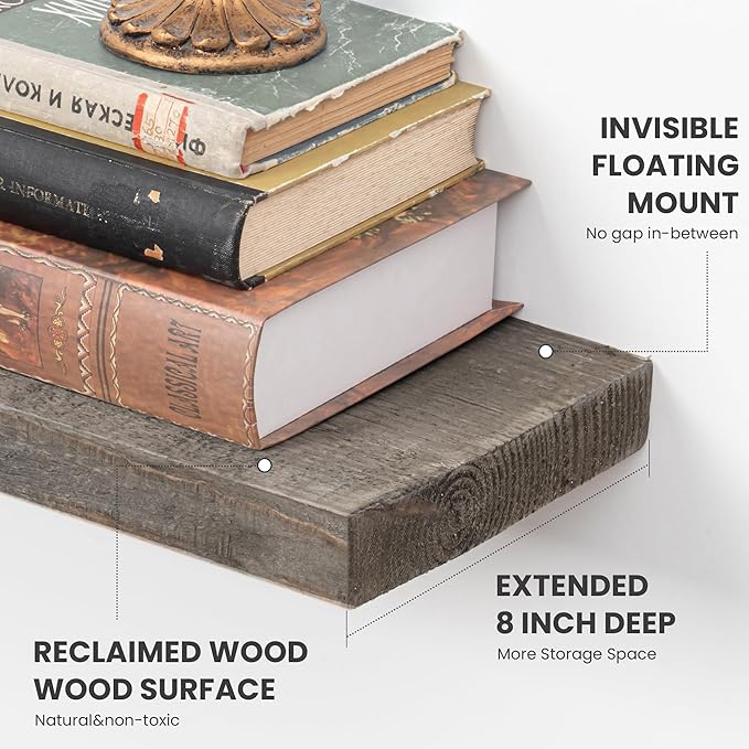 72 inch Floating Shelves for Wall, 8" Deep Rustic Reclaimed Barnwood Shelves, Floating Shelf Wall Hanging Shelves with Invisible Heavy-Duty Metal Bracket | Wall Mounted | Farmhouse Style, 1PC,Grey