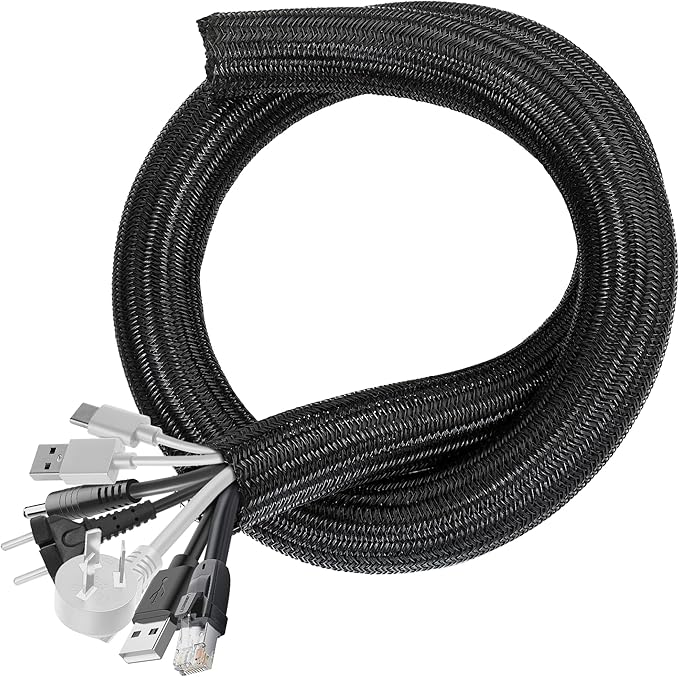Cable Management Sleeves 1.2in - 2 Pack 4.1ft Split Braided Cable Sleeve Black, Hard PE Cord Protectors from Pets, Wire Organizers for Cords, Flexible Cord Wrap Wire Sleeve for Computer Cord Organizer