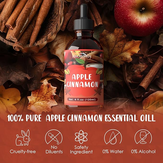 Apple Cinnamon Essential Oil 4 Fl Oz, Autumn Fragrance Oil, Undiluted Apple Cinnamon Oil for Diffuser, Humidifier,Home Care,House Cleaning, Spray,Soap Making,Candle Making, Long Lasting Scents