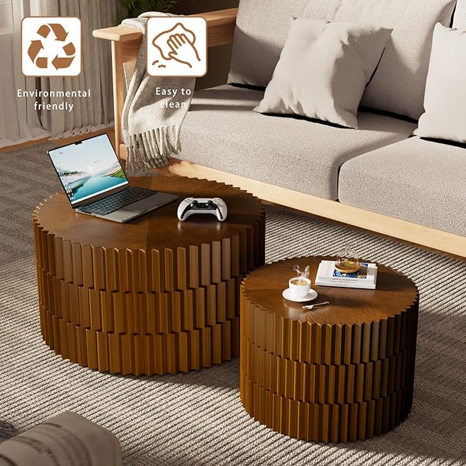 Round Nesting Coffee Table Set of 2 Walnut Round Drum Fluted Coffee Tables for Small Space Modern Stacking Nesting Tables Minimalist Circle Center Table 2 Piece for Living Room (Walnut)