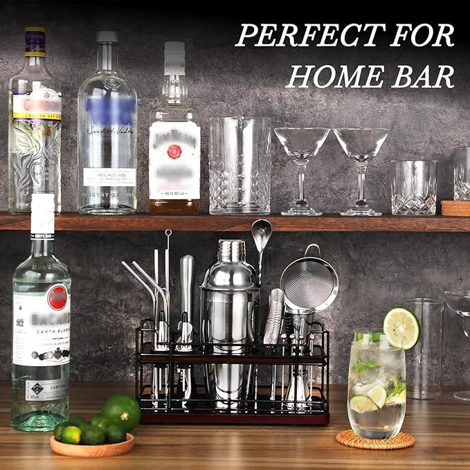 Cocktail Shaker Set with Stand, 20-Piece Complete Bartender Kit for Home & Bar Use, Stainless Steel Bar Set with 25oz Shaker, Bar Accessories and Recipes, Ideal Cocktail Kit for Parties & Gift Giving