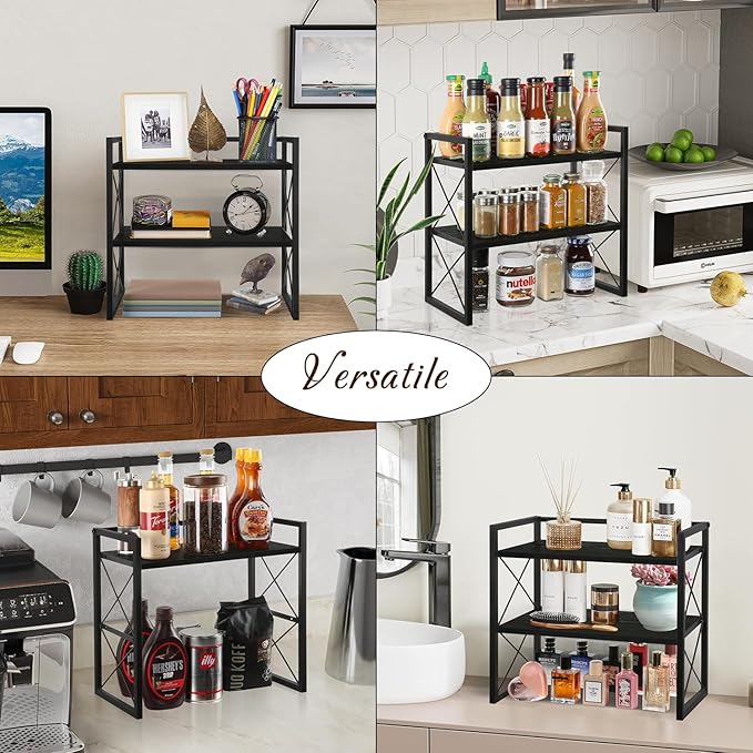 YINMIT Desktop Shelf Organizer, 2 Tier Office Shelves, Wood Desk Organizer Storage Rack and Freestanding Display Shelf for Office, Dormitory, Home(Black)