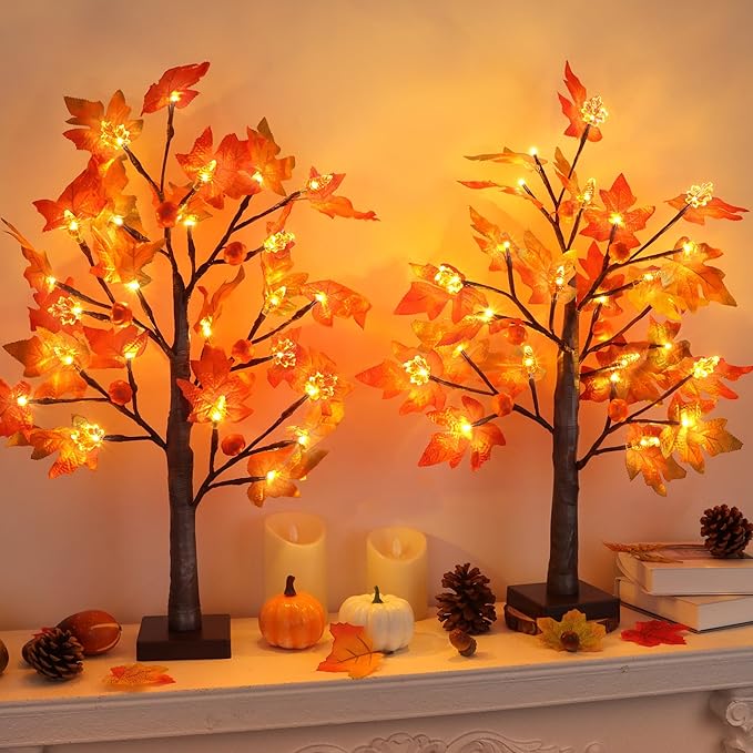 2Pack 24 Inch Prelit Maple Tree Fall Thanksgiving Decor with 48 LED Timer Battery Operated, Lighted 3D Acorn Maple Lampshade Pumpkin Artificial Tabletop Tree Thanksgiving Table Decorations Home Indoor