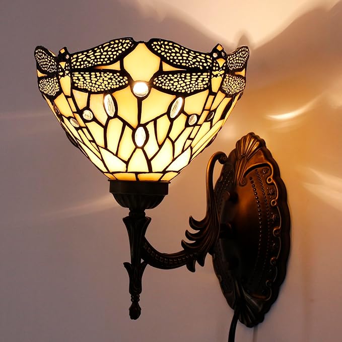 Tiffany Wall Sconce Lamp Blue Stained Glass Flower Style 8X10.5X11 Inch Plug in Wall Bedside Light for Hallway Bedroom (Amber Dragonfly Style)