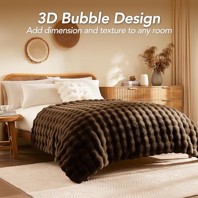 L'AGRATY Faux Rabbit Fur Blanket: 60" x 80" Twin Luxury Soft Fluffy Thick Fur Throw Blanket for Couch Bed Sofa - Cozy Plush Bubble Blankets for Winter: Flannel Fleece Decorative Blanket(Cocoa Brown)
