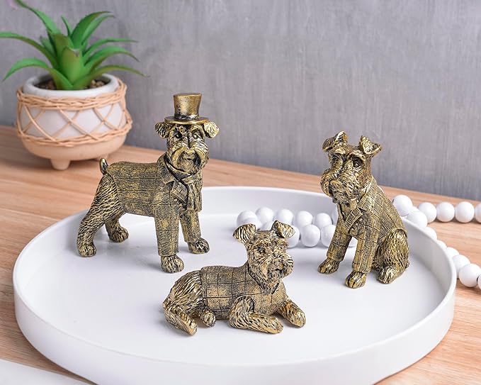 Vintage Gold Dog Figurines Home Decor,Resin Small Animal Statue Set of 3,Modern Coffee Table Figurine for Living Room Desk Home Bookshelf Shelves Collectible Figurines,Gifts for Mom Women
