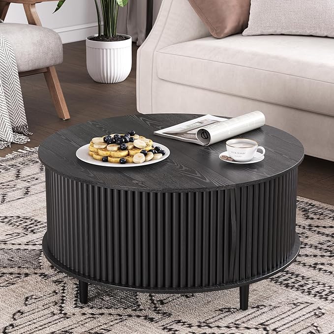 Round Coffee Table with Storage, 31.5" Center Table with Sliding Door,Fluted Small Coffee Table for Living Room,Black