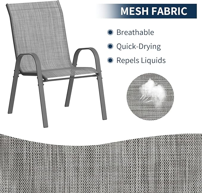 Amopatio Patio Chairs Set of 8, Outdoor Stackable Dining Chairs for All Weather, Dark Grey, Breathable Garden Outdoor Furniture for Backyard Deck