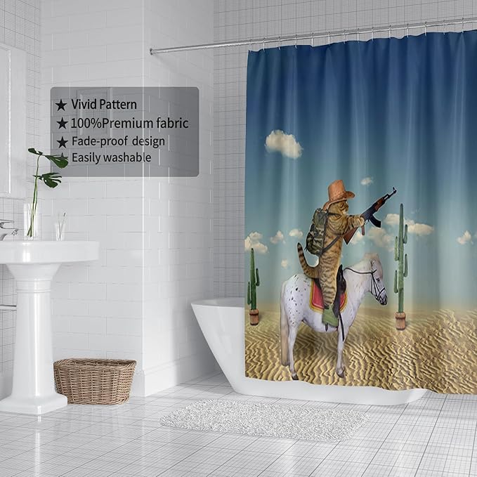 Domoku Cat Shower Curtain Cute Funny Cowboy Cat Riding Horse in The Desert Bathroom Shower Curtains Polyester Fabric Waterproof with 12Hooks 72 * 84inch/180cm*210cm