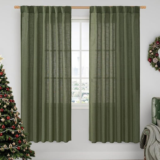 LAMIT Light Filtering Linen Curtains 78 inch for Bedroom, Linen Textured Semi Sheer Back Tab and Rod Pocket Boho Modern Christmas Decor Drapes for Living Room, Olive Green, 2 Panels, 52 x 78 Inch