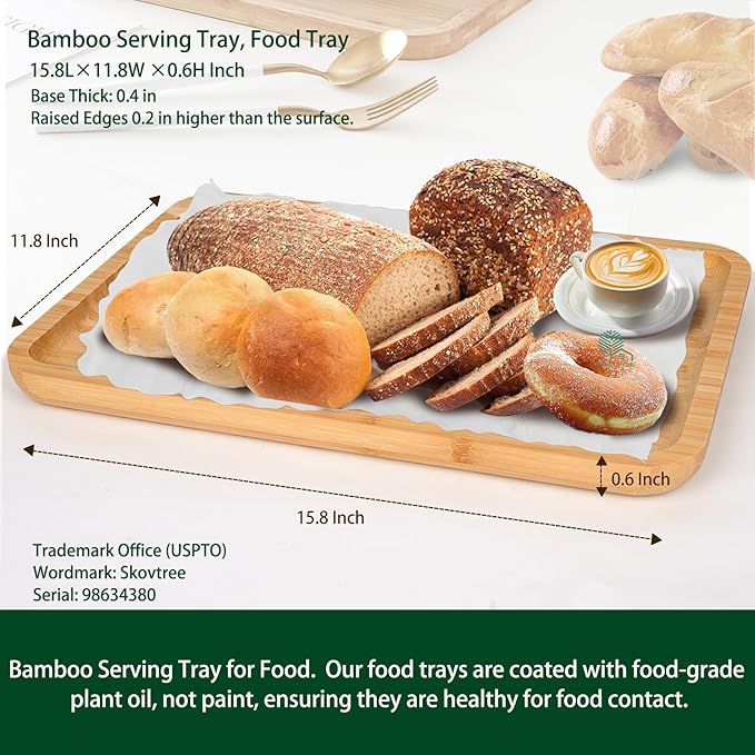 Bamboo Serving Tray, Food Tray for Eating and Serving Coffee, Tea, 15.8x11.8 Inch