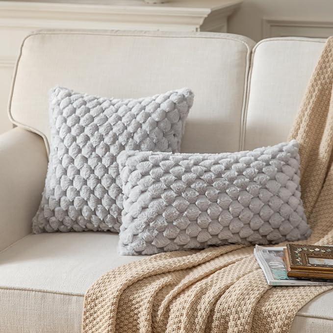 Pack of 2 Super Soft Throw Pillow Covers 12x20 Inch Faux Fur Plush Pillowcase Luxury Cozy Fluffy Decorative Cushion Cover for Sofa Couch Bed Livingroom LightGrey