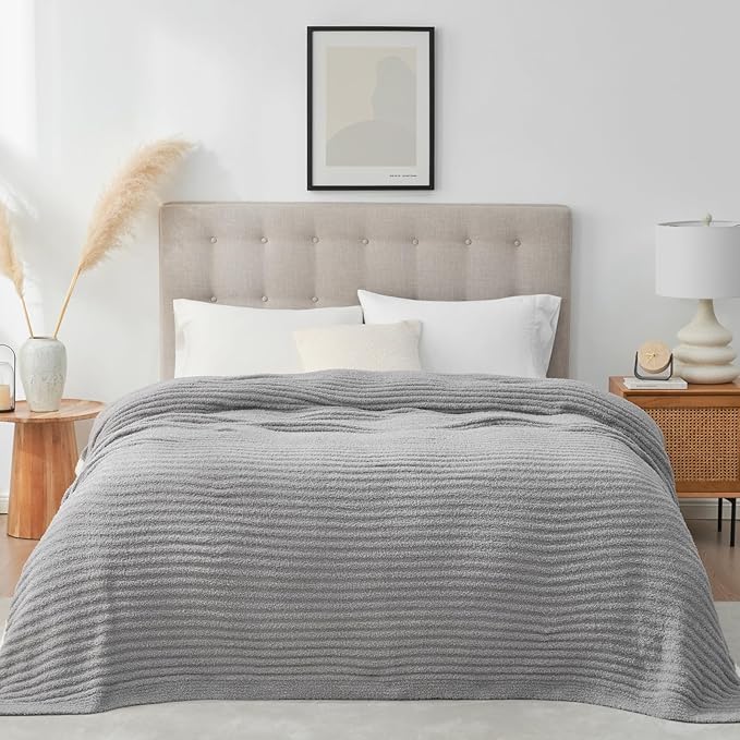 Snuggle Sac Ribbed King Size Blanket for Bed, Cozy Soft Fuzzy Microfiber Knit Stripe Bedding Blankets, Grey, 108x90 inches
