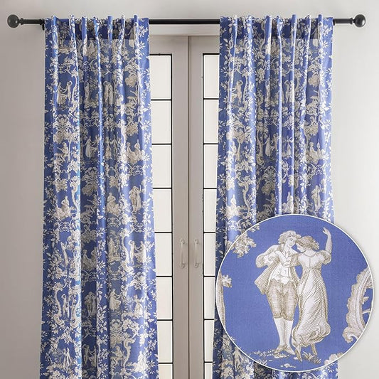 Maison d' Hermine Curtains for Living Room 100% Cotton 96 inch Length Two Panels Light Filtering Toile Curtains for Bedroom Windows with Rod and Loop Pockets Drapes (Joli Jouy Blue, 50" W x 96" L)