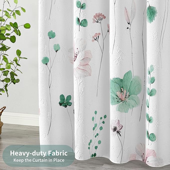 QiyI Watercolor Floral Shower Curtain, 3D Embossed Butterflies Sage Green Flower Bathroom Curtain, Minimalist White Cloth Bath Curtain, Waterproof Fabric Textured Shower Curtain Set with Hooks, 72x72