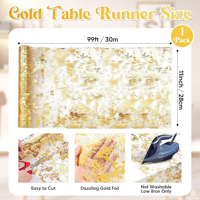 Gold Table Runner 11" x 99 ft (1 Roll) – Sparkly Table Decorations, Sequin Glitter Foil Mesh Roll for Weddings, Christmas, Birthdays, Valentine’s Day, Holidays & DIY Projects