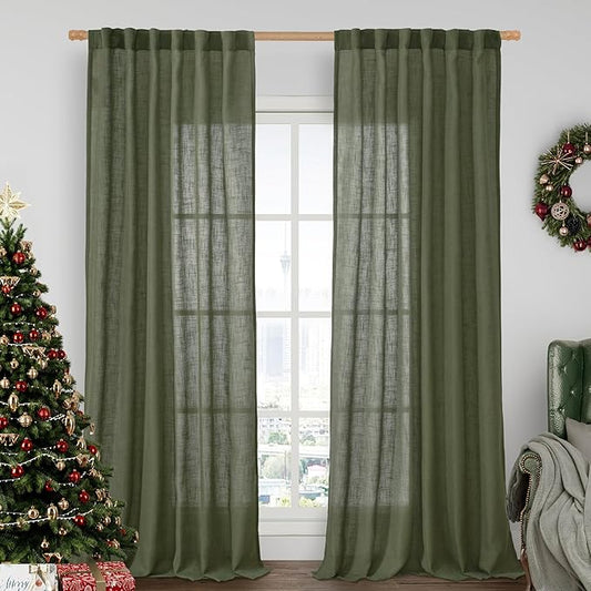LAMIT Olive Green Linen Curtains 90 Inch for Living Room, Back Tab and Rod Pocket Linen Textured Christmas Curtains Light Filtering Drapes for Bedroom/Dining Room, Set of 2, 52 x 90 Inch