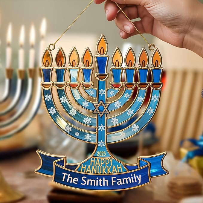 Personalized Hanukkah Suncatchers for Windows - Menorah Shape Ornament, Hanukkah Ornaments for Tree, Merry Chrismukkah Jewish and Christian, House Warming Gifts for Family