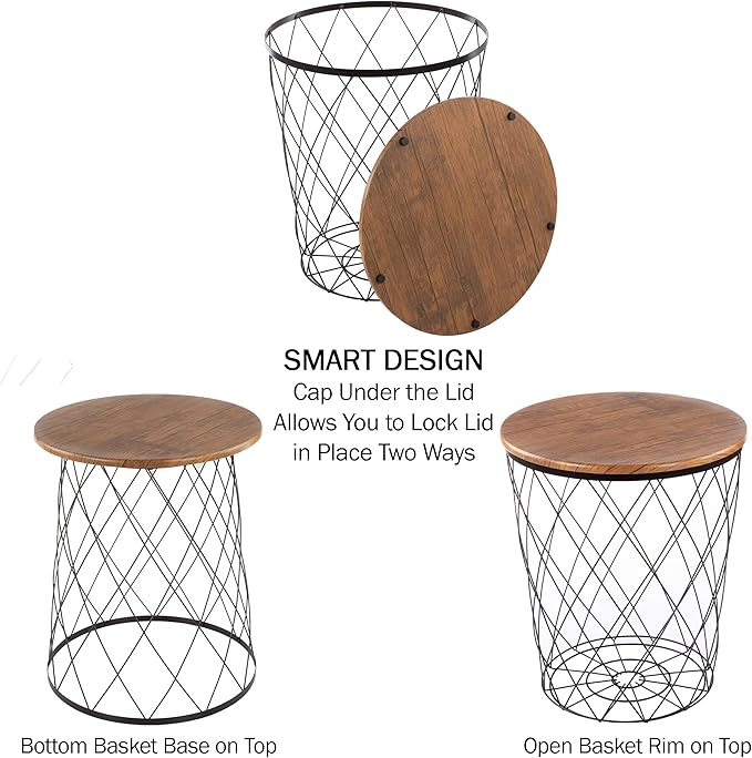End Tables Set of 2 - Nesting Tables with Removable Wood Tops and Metal Basket Bases for Blanket Storage - Round Side Furniture for Living Room, Bedroom, or Home Office by Lavish Home (Brown)