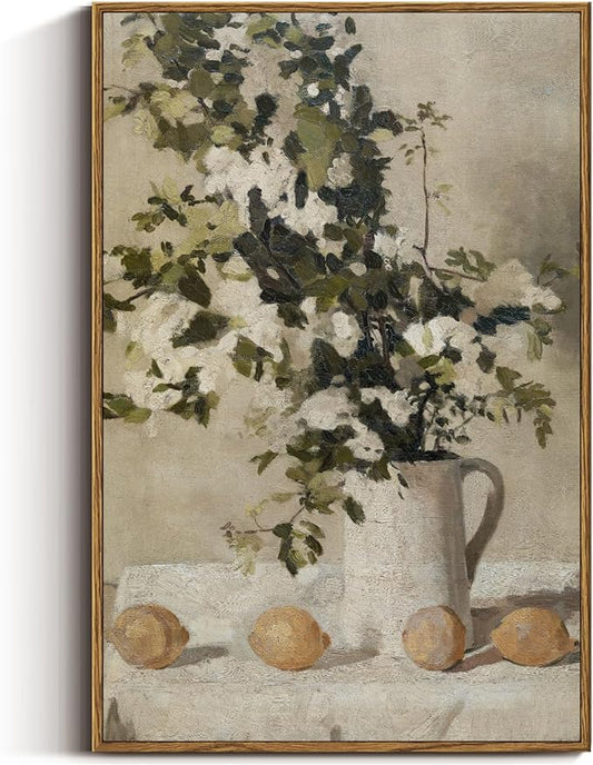VIYYIEA Vintage Floral Large Framed Wall Art, Flowers and Lemons Paingtings Decor Aesthetic, 24x36 Inch Canvas Print Artwork, Farm Still Life Wall Pictures for Bedroom Living Room